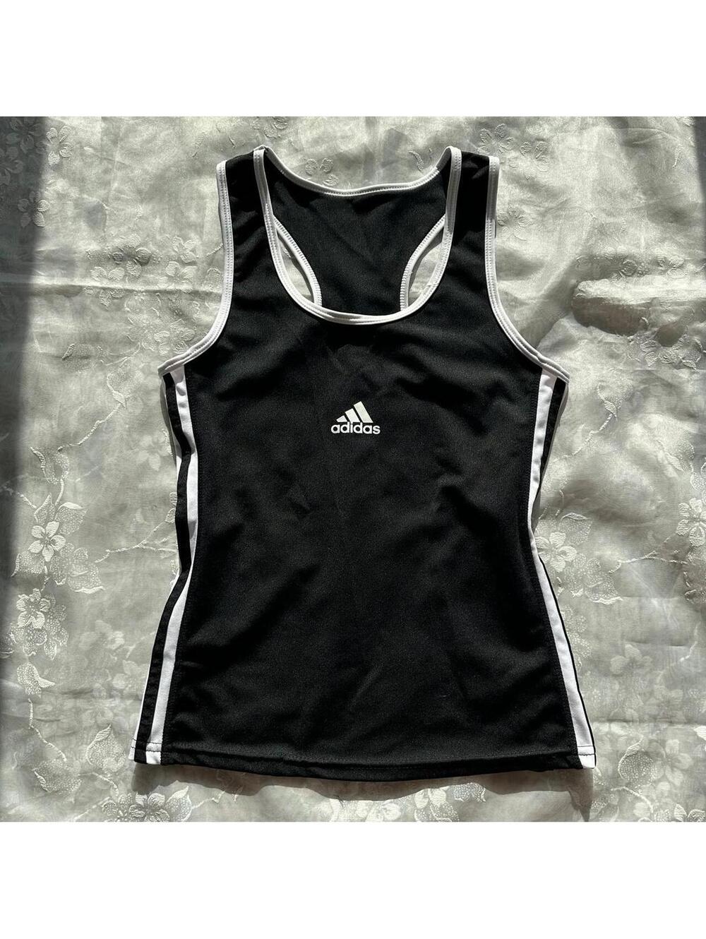 Adidas black athletic wear tank top with white stripes on sides
